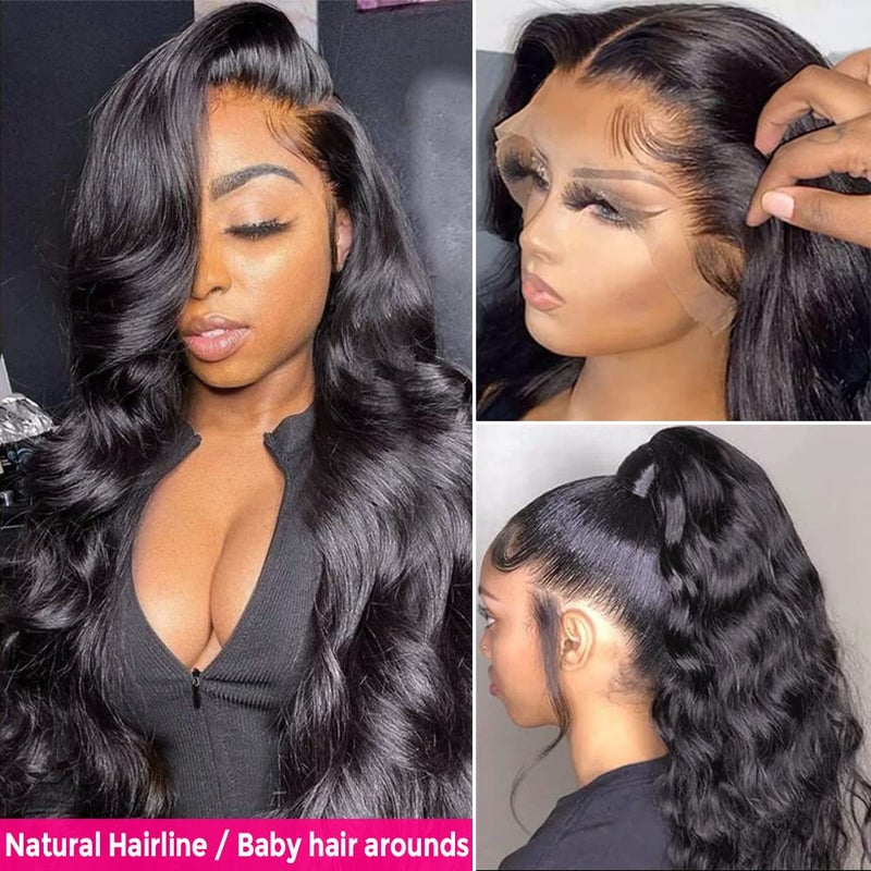 Wingirl 13Ã—5 Lace Front Human Hair Wigs for Women 12A HD Transparent Body Wave Lace Front Wigs Human Hair Pre Plucked Bleached Knots (20 Inch (Pack of 1), 220% 1B# Color) - Image 4